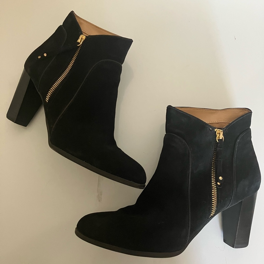 Adrienne Vittadini Black Suede Ankle Booties with Gold Zipper